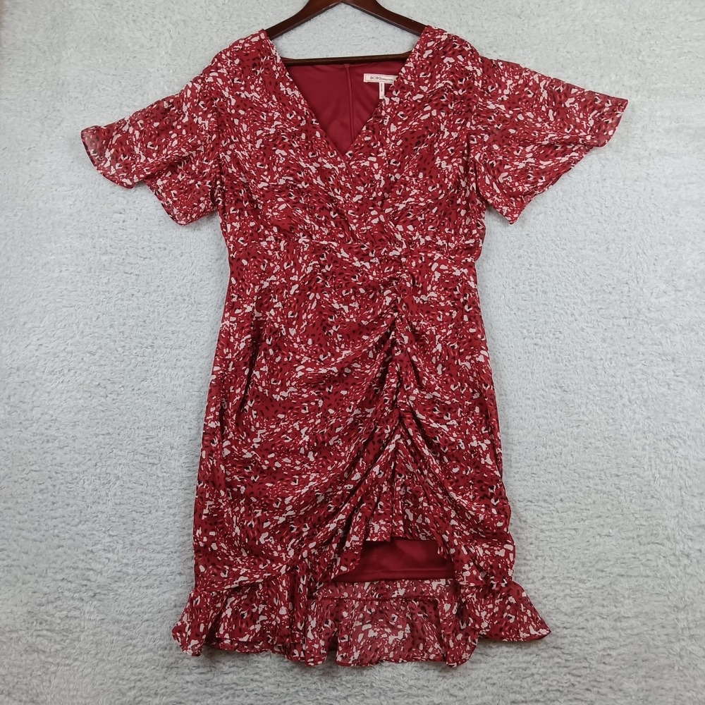 BCBGeneration Dress Ruched Front 14 Red Abstract Ruffle High-Low GU05D35-RDT
